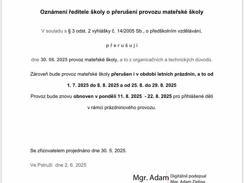 přerušení provozu MŠ