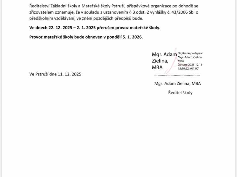 PŘERUŠENÍ PROVOZU MŠ
