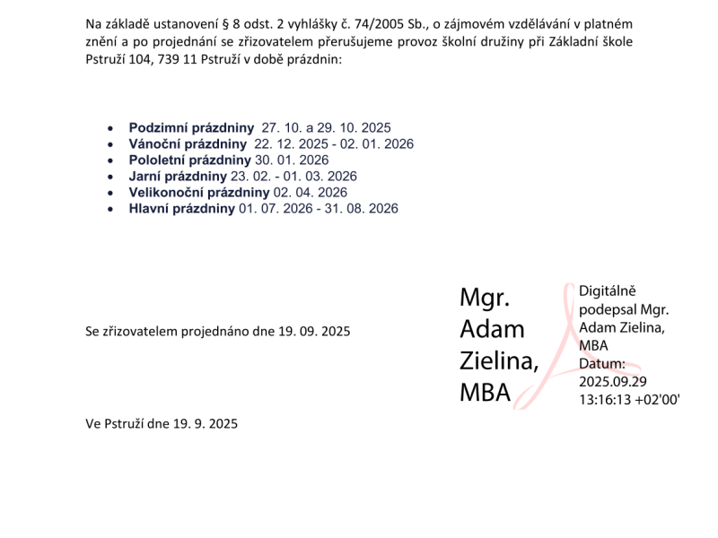 Oznámení o přerušení provozu ŠD