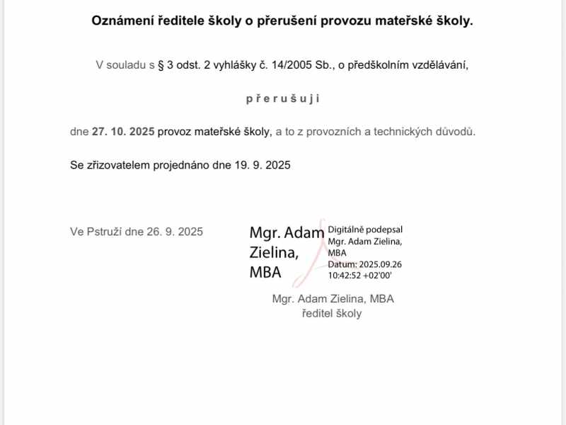 PŘERUŠENÍ PROVOZU MŠ