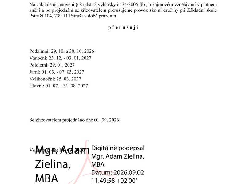 Oznámení o přerušení provozu školní družiny v době  prázdnin ve školním roce 2026/2027