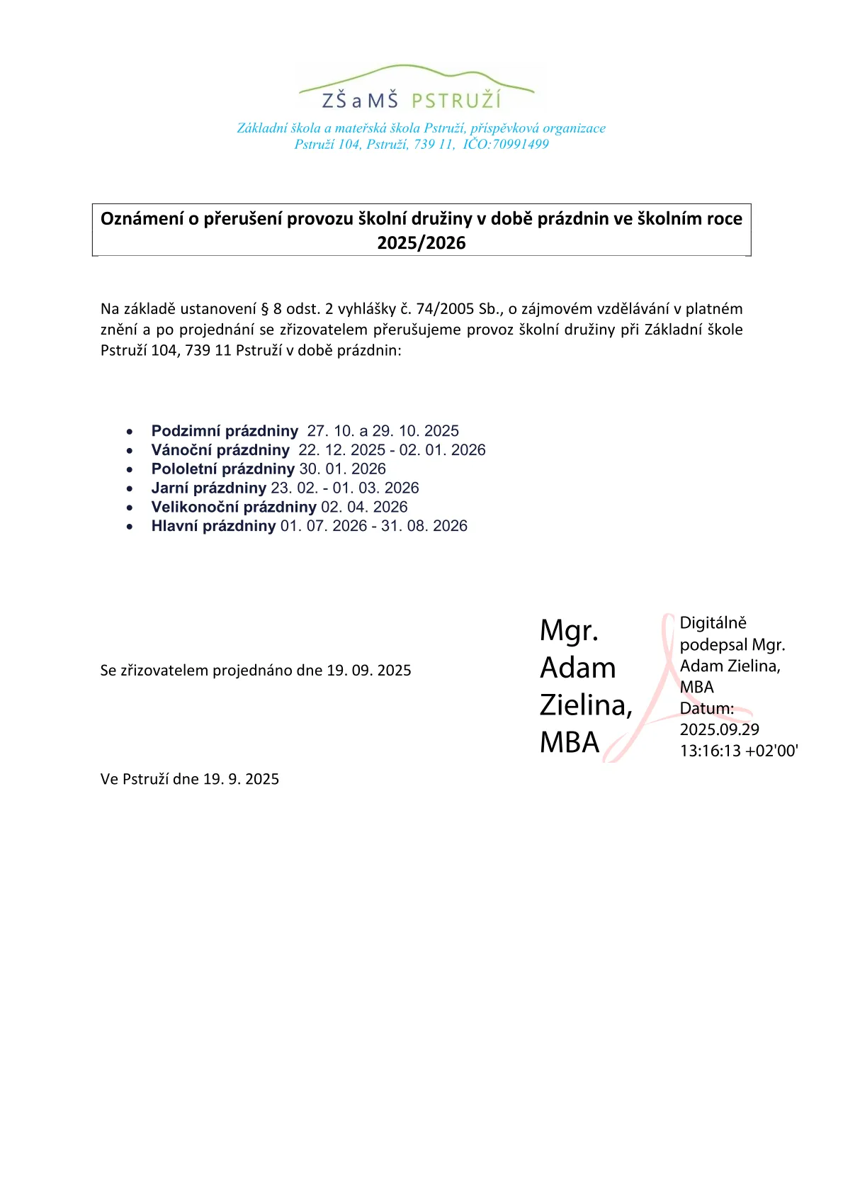 Oznámení o přerušení provozu ŠD