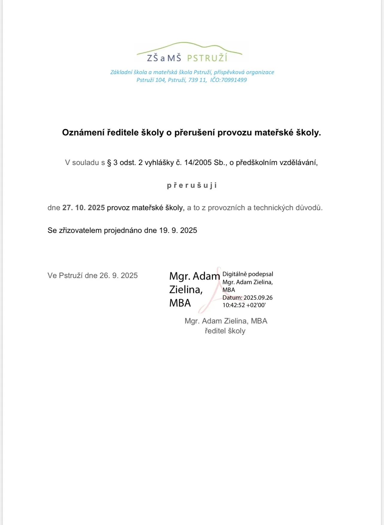 PŘERUŠENÍ PROVOZU MŠ